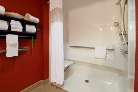 Room, 1 King Bed, Accessible (Mobility & Hearing, Roll-in Shower) | Bathroom | Free toiletries, hair dryer, towels, soap