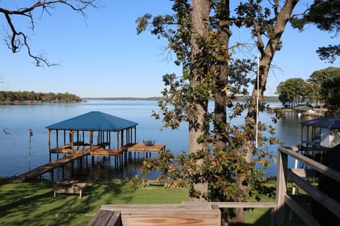 View overlooking the lake and boat dock.
