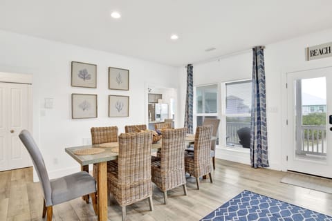 The dining table seats 8