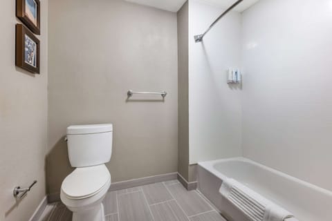 Combined shower/tub, free toiletries, hair dryer, towels