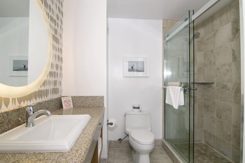 Shower, designer toiletries, hair dryer, towels