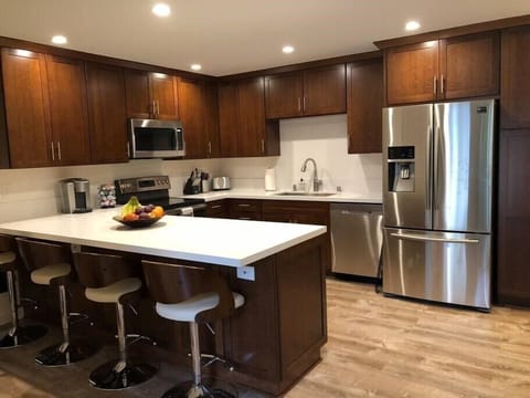 Kitchen with lots of slab counter space and stainless steel appliances