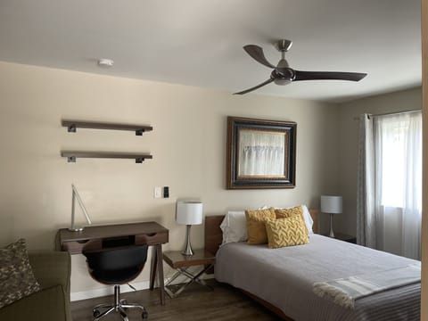 View to the bed area and desk. 