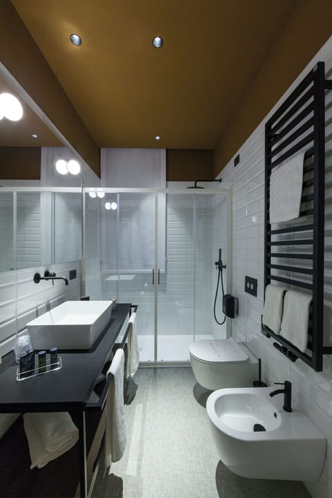 Shower, rainfall showerhead, hair dryer, slippers