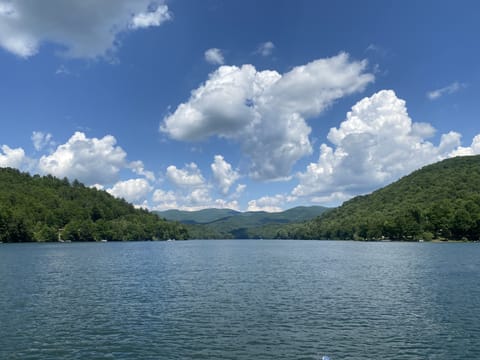 View of Lake Nantahala from a rental boat.  Cabin .5 miles from boat ramp.  