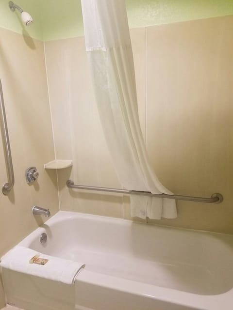 Combined shower/tub, free toiletries, hair dryer, towels