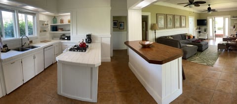 The expansive great room, with kitchen, island, bar and living room