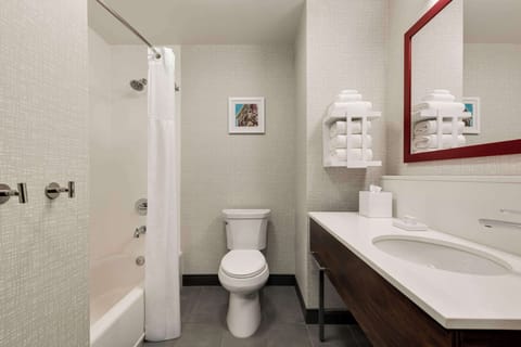 Combined shower/tub, free toiletries, hair dryer, towels