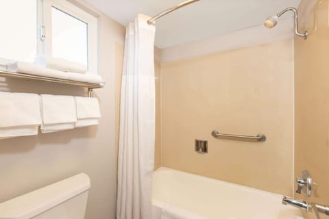 Combined shower/tub, hair dryer, towels