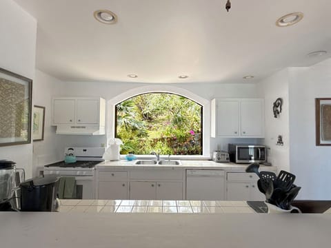Your kitchen looks out to the back courtyard and also has an ocean view