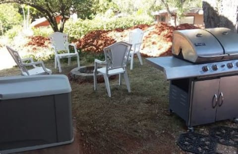 Grille with a fire pit in the background