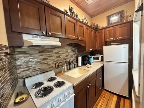 Bear Point Suite, 1 Queen Bed with Sofa bed, Patio | Private kitchen | Full-size fridge, microwave, oven, stovetop