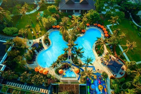 Outdoor pool, pool umbrellas, sun loungers