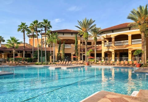 Spread out on a sun lounger along the pool deck, palms overhead and terracotta buildings on either side