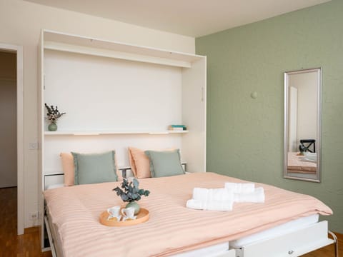 Furniture, Interior Design, Floor, Bedroom, Flooring, Bed, Wood, Textile, Room, Lighting