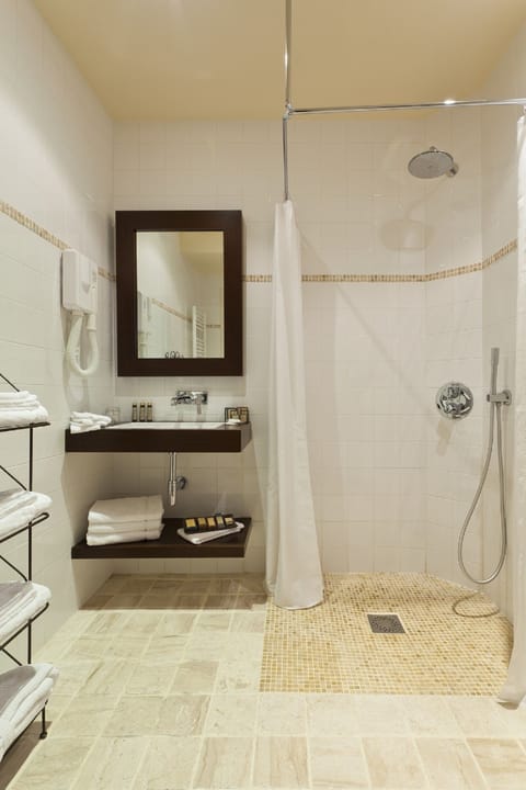 Hair dryer, bathrobes, towels