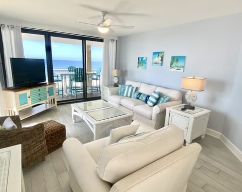 Condo, 3 Bedrooms, Balcony, Beachfront (401A) | Living area | Flat-screen TV