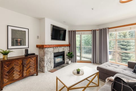 Living Room - Enjoy the beautiful forest scenery, cozy up in front of the fireplace, enjoy Netflix or cable on the large wall-mounted TV.