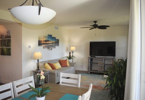 Spacious, open concept living room and dining room off of the gourmet kitchen