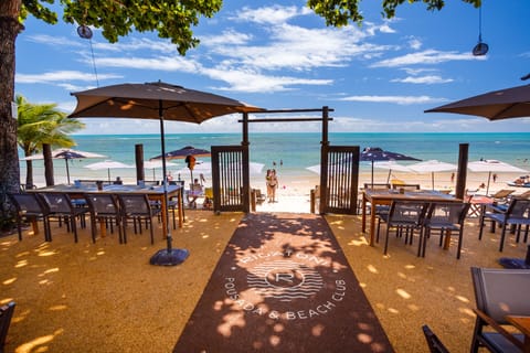 On the beach, sun loungers, beach umbrellas, snorkeling
