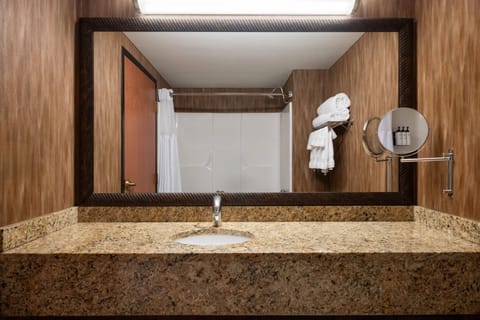 Combined shower/tub, free toiletries, hair dryer, towels