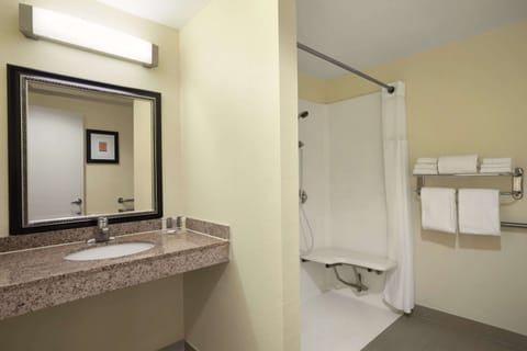 Combined shower/tub, hair dryer, towels, soap