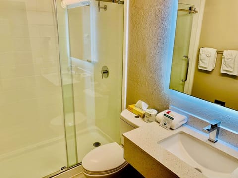 Shower, free toiletries, hair dryer, towels