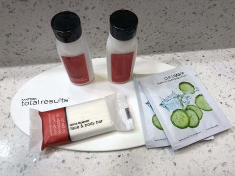 Hair dryer, towels, soap, shampoo