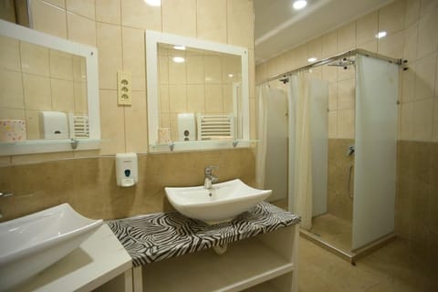 Shower, towels, soap, toilet paper