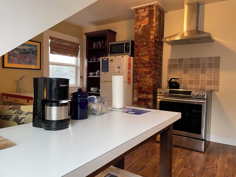 Full-size fridge, microwave, toaster, cleaning supplies