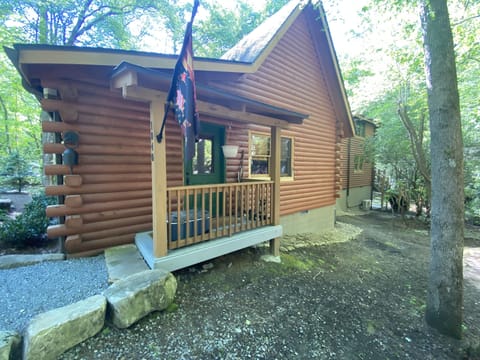Right side front view of cabin with front entrance porch
