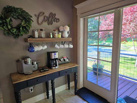 Keurig, French press, drip coffee maker, bean grinder, kcups, sugars, teas, etc.