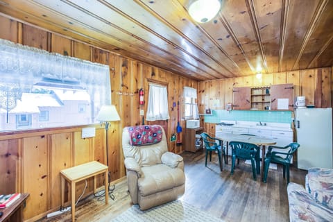 Cabin 5, One Bedroom King | Living area | Flat-screen TV, fireplace
