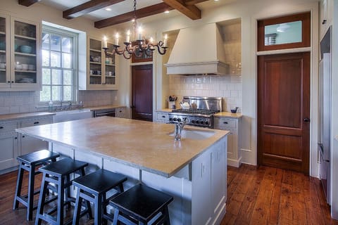 Kitchen Island, Stools, and Dishwasher.