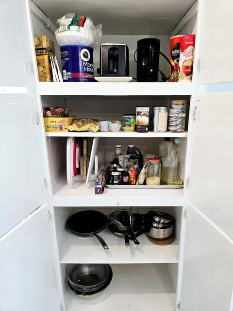 Stock Pantry. Coffee maker, coffree ground, teas, sugar, salts, etc.