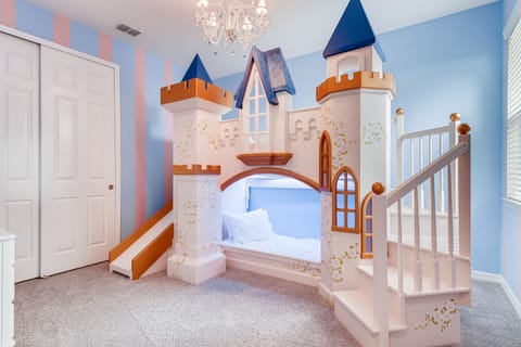 Princess Bed and Play Room with Castle bunkbed, slide, TV, toys and costumes!
