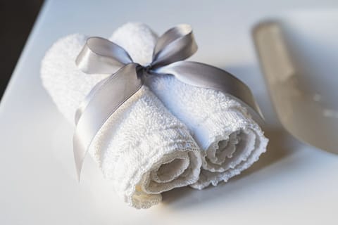 Shower, rainfall showerhead, free toiletries, hair dryer