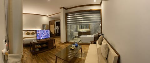 Premium Double Room | Living area | 49-inch LED TV with cable channels, TV