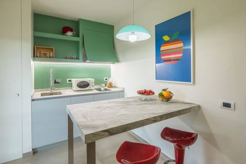 Fridge, stovetop, dishwasher, coffee/tea maker