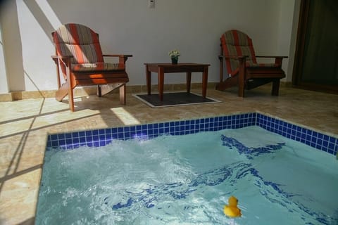 The jacuzzi is located within the apartment. 