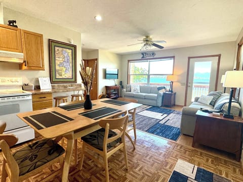 Kitchen and dining room with views of Flathead Lake