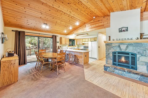 View from the main living area with cozy gas fireplace