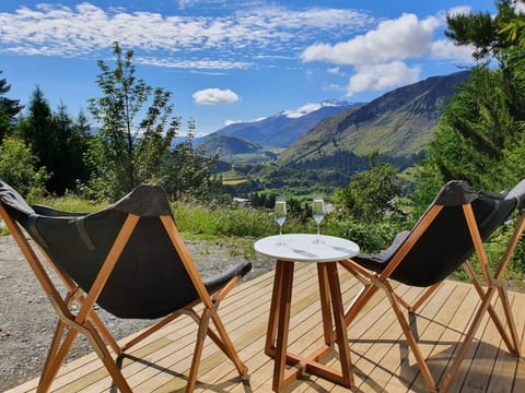 Views from the deck across the Shotover River to Remarkable mountains and beyond