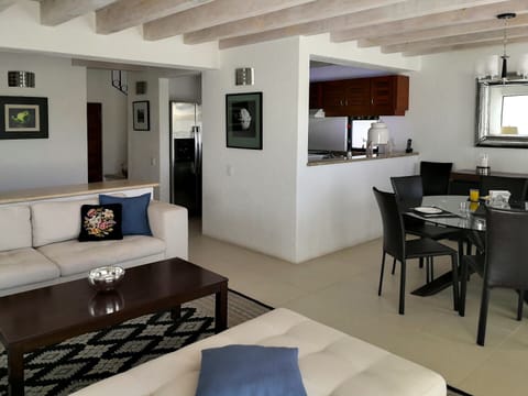 Living room, dining room and kitchen