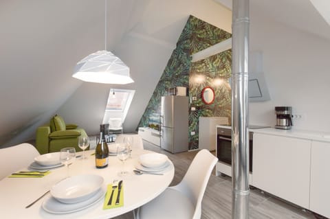 Living room, kitchen and dining area