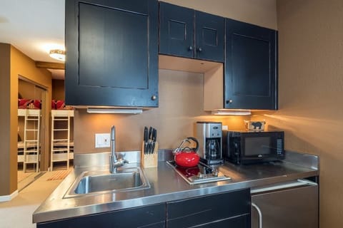 The kitchenette in the main living  includes a small stovetop, microwave, small refrigerator and toaster oven.