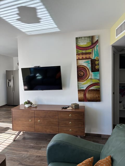 TV and console in living room area.