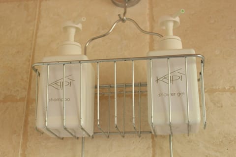 Shower, rainfall showerhead, free toiletries, hair dryer