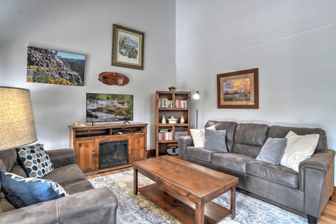 Living area with Sleeper Sofa, Fireplace, Smart TV, Natural Light, Large Deck