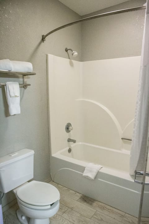 Combined shower/tub, free toiletries, towels